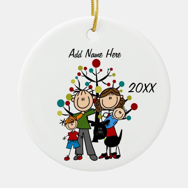 Individuell anpassbare Viererfamilie mit Hundeschm Keramik Ornament (Vorne)