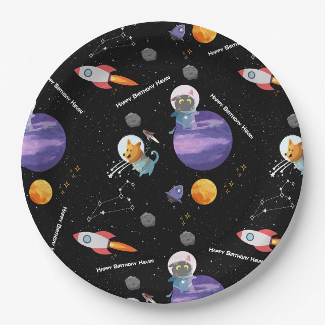 Individuell anpassbare Weltraumtiere Geburtstagspa Pappteller (Vorderseite)