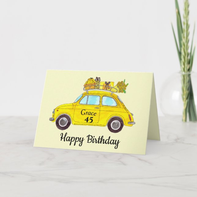 Individuell anpassbarer Geburtstag Retro Fiat 500 Karte (Vorderseite)