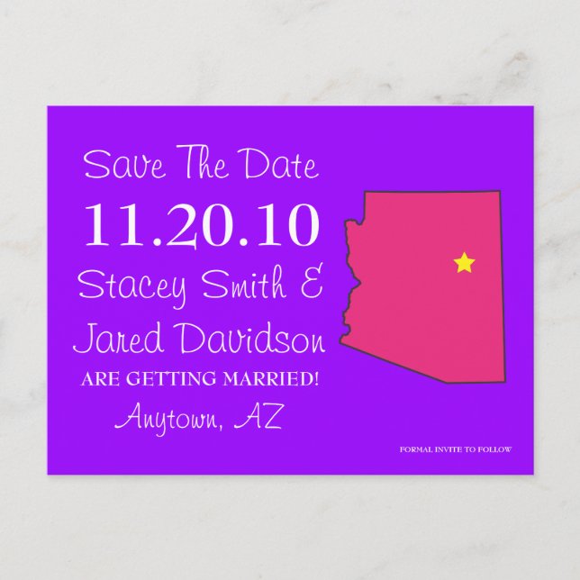 Individuell anpassbarer Save the Date Staat - ARIZ Ankündigungspostkarte (Vorderseite)