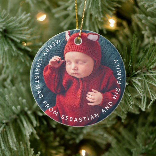 Individuell anpassbarer Text & Foto Elegant Frohe  Keramik Ornament (Baum)