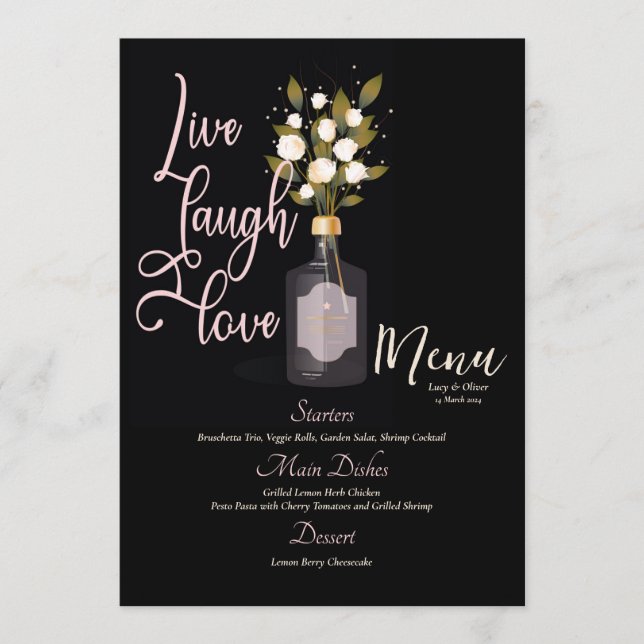 Individuell elegante, romantische, schwarze, blume menükarte (Vorderseite)