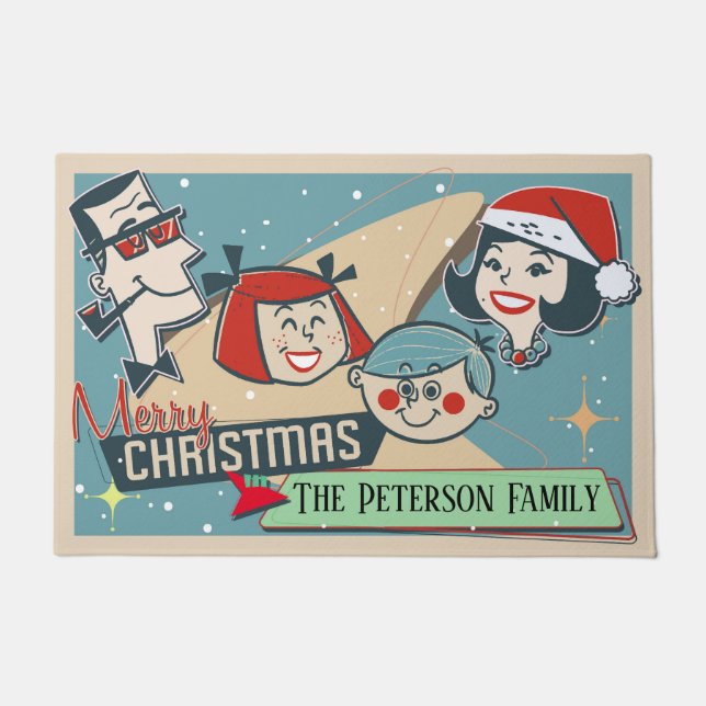 Individuell gestaltbare Retro-Familie Frohe Weihna Fußmatte (Vorderseite)