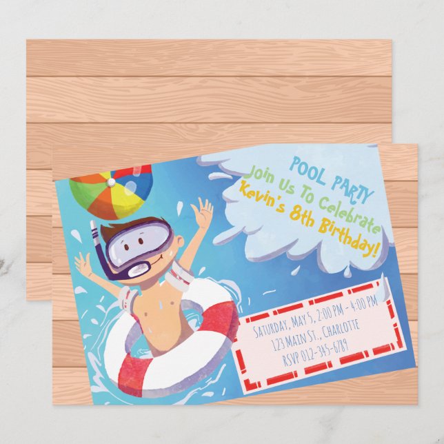 Individuell gestaltbares Pool Party Geburtstagsein Einladung (Vorne/Hinten)