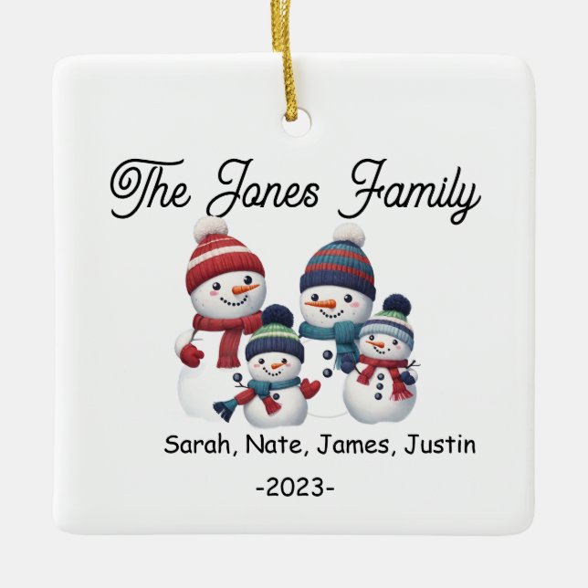 Individuell gestaltete Snowman-Familie mit 4 Ferie Keramikornament (Vorderseite)