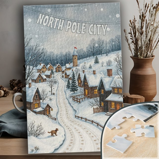 Individuell gestaltete WinterVillage Snowy Holiday (Customizable Winter Village Charming Snowy Holiday North Pole Scene Jigsaw Puzzle)