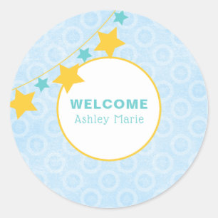 Individuell gestaltetes Blue Star Welcome Baby Runder Aufkleber