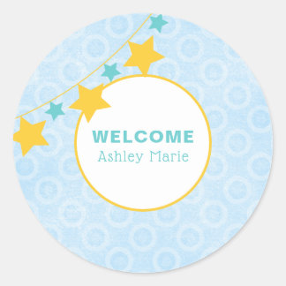 Individuell gestaltetes Blue Star Welcome Baby Runder Aufkleber