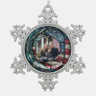 Individuell gestanztes Glas Design USA Flag Patrio Schneeflocken Zinn-Ornament