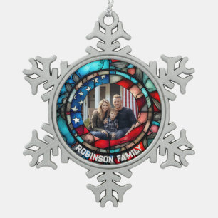 Individuell gestanztes Glas Design USA Flag Patrio Schneeflocken Zinn-Ornament