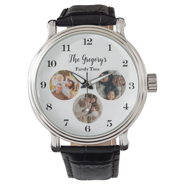 Individuell moderne 3 Foto Collage Fun Family Time Armbanduhr (Vorderseite)