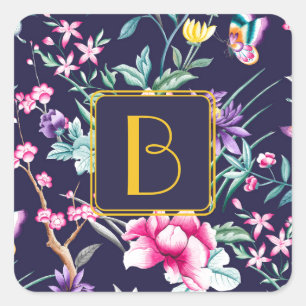 Individuell monogrammierte Blumenmuster Quadratischer Aufkleber