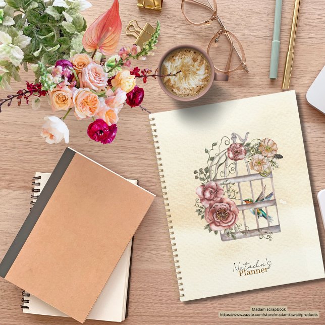 Individuell Niedliches Kraftpapier im Hintergrund  Planer (Modern watercolor planner with floral and birds)