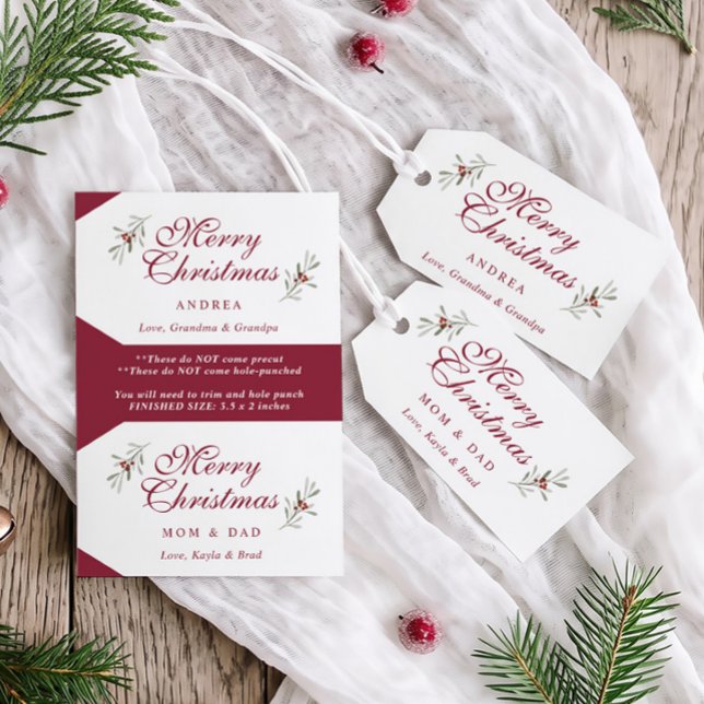 Individuell personalisierte Weihnachtsgeschenkanhä (Red and white Christmas gift tags with elegant script, watercolor greenery and recipient names.)