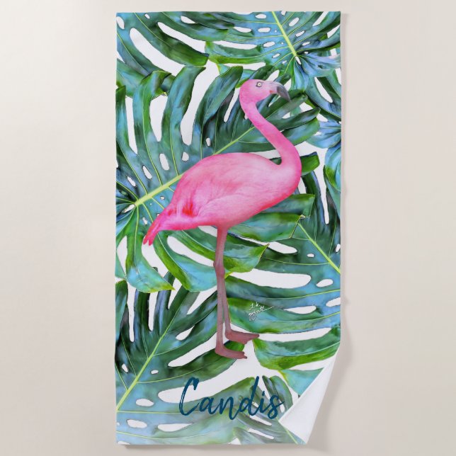 Individuell rosa Flamingo tropische Blätter Modern Strandtuch (Vorderseite)