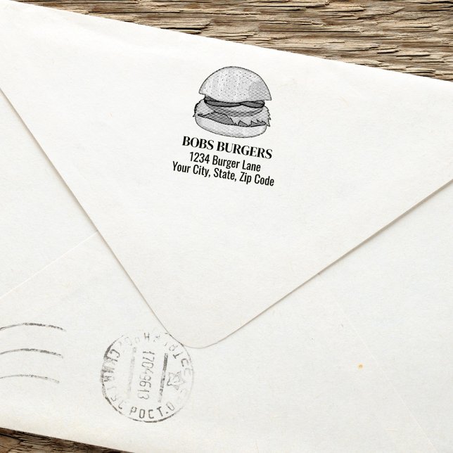 Individuelle Adresse für moderne Business Burger Permastempel (Hamburger custom business return address stamp.)