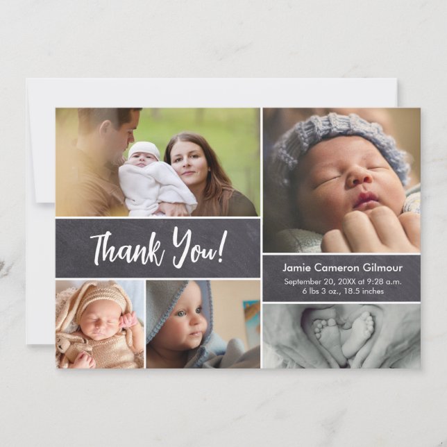 Individuelle Babydusche Birth Stat Foto Collage Dankeskarte (Vorderseite)