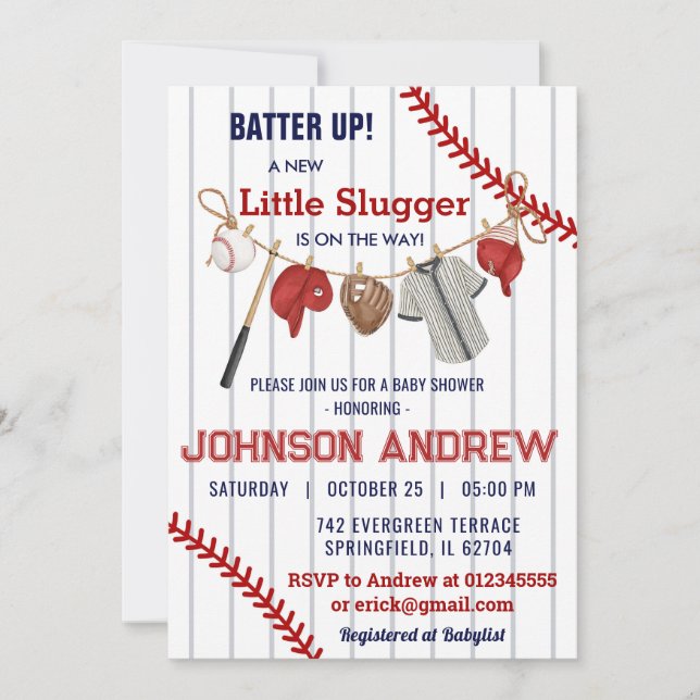 Individuelle Batter-up Baseball Baby-Dusche Einladung (Vorderseite)