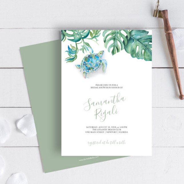 Individuelle Einladungen für tropisches Brautparty (Tropical Bridal Shower Invitation Sea Turtle watercolor sea turtle, palm leaves Victoria Grigaliunas)