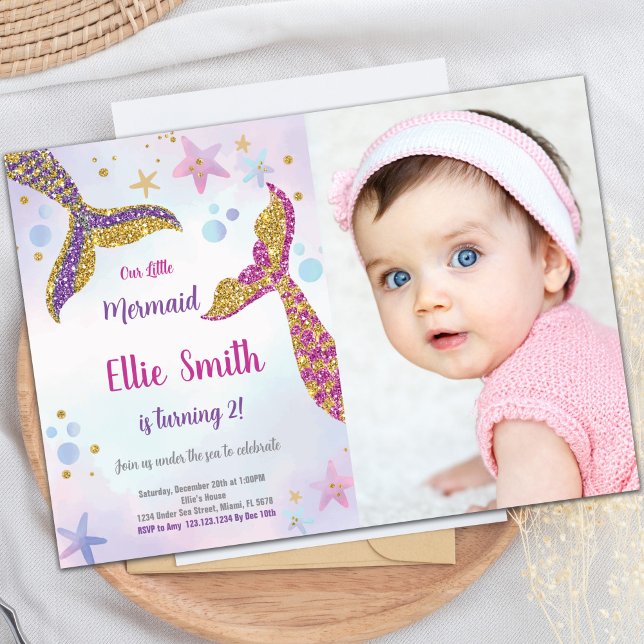 Individuelle Kinder unter dem Party laden ein Einladung (Gold Glitter Mermaid Invitations with photo)