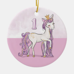Individuelle Name 1. Geburtstag Rosa Pferd mit Kro Keramik Ornament