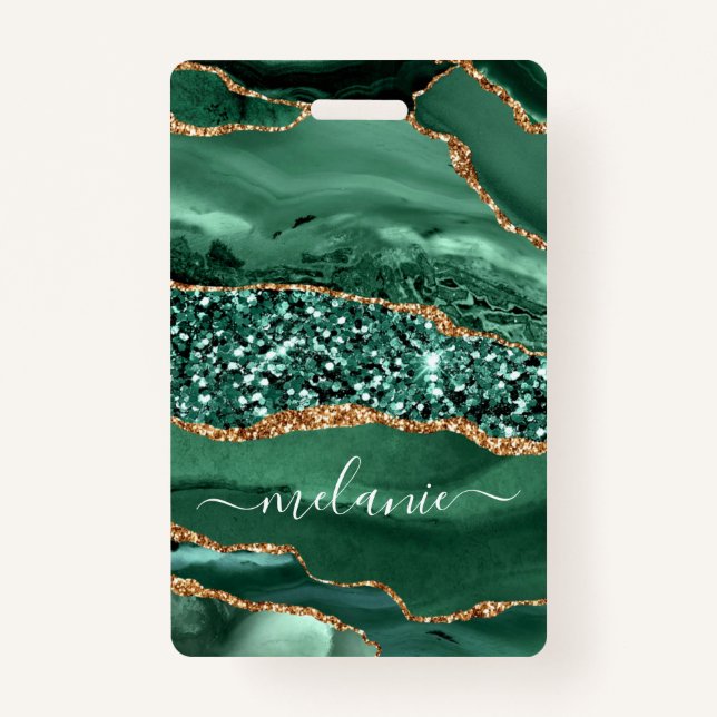 Individuelle Name Abzeichen Agate Green Gold Glitz Ausweis (Rückseite)