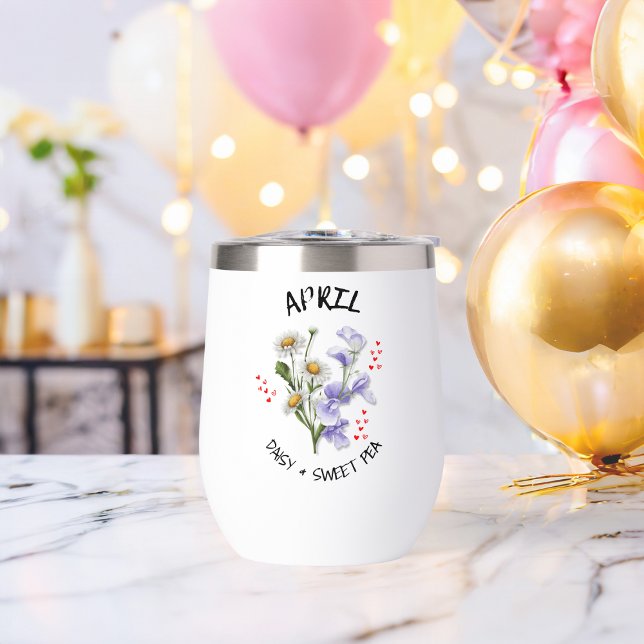 Individuelle Name APRIL Geburtsmonat Blume Christl (Pretty APRIL birth month flower design on thermal wine tumbler with customizable name & Bible verse.)