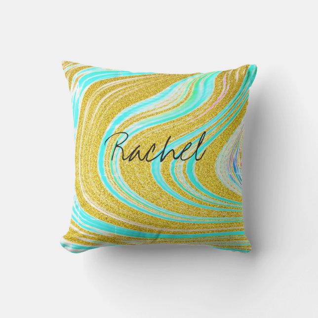 Individuelle Name Aquamarin Blue Pink Gold Abstrak Kissen (Vorderseite)