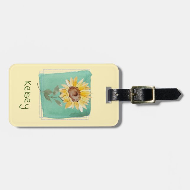 Individuelle Name Aquamarin Watercolor Sonnenblume Gepäckanhänger (Vorderseite horizontal)