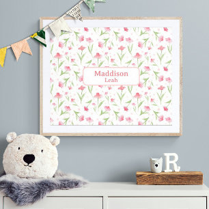 Individuelle Name Art Aquarell Blumenrosa Kinderzi Poster