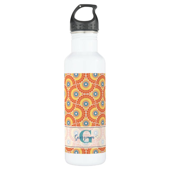 Individuelle Name Art Deco Sommer Radiant Mandala Edelstahlflasche (Vorderseite)