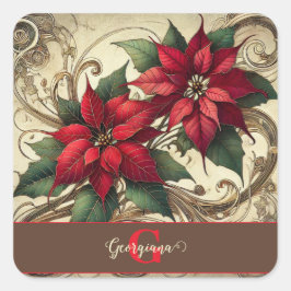 Individuelle Name Art Nouveau Christmas Poinsettia Quadratischer Aufkleber