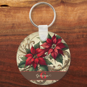Individuelle Name Art Nouveau Christmas Poinsettia Schlüsselanhänger