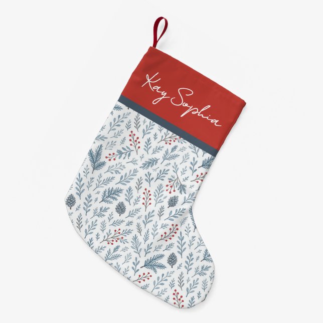 Individuelle Name auf botanischem Holly-Berry-Must Kleiner Weihnachtsstrumpf (Vorderansicht (hängend))