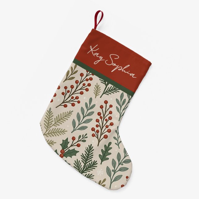Individuelle Name auf botanischem Holly-Berry-Must Kleiner Weihnachtsstrumpf (Vorderansicht (hängend))