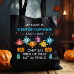 Individuelle Name Autisan Halloween Candy Tote Bag Tasche<br><div class="desc">Individuelle Name Autism Halloween Candy Tote Tag. Adorable personalisierte Halloween-Süßigkeiten-Tasche für Kinder im Autismus-Spektrum. Hergestellt mit regenbogenförmigen Halloween-Sternen,  geschnitzten Kürbissen und niedlichen lillischen Geistern. Ideal für nicht verbale Nieren,  die Probleme mit dem Trick oder der Behandlung des Sprichworts haben. Personalisieren Sie dieses benutzerdefinierte Design mit dem Namen Ihres Kindes.</div>