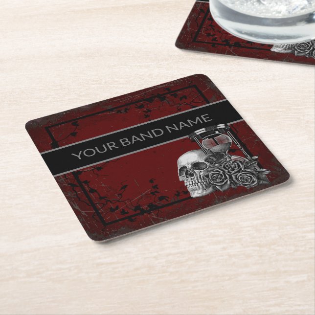 Individuelle Name Band Merch Skull Rose Rock Roll  Rechteckiger Pappuntersetzer (angewinkelt)