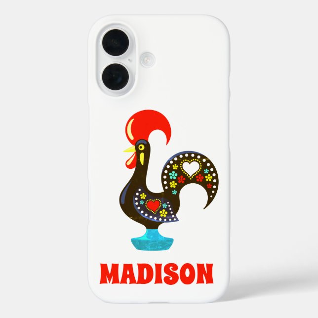 Individuelle Name Barcelos Portuos Rooster Black iPhone 16 Hülle (Rückseite)