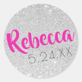 Individuelle Name Bat Mitzvah Silver Glitzer U PIC Runder Aufkleber
