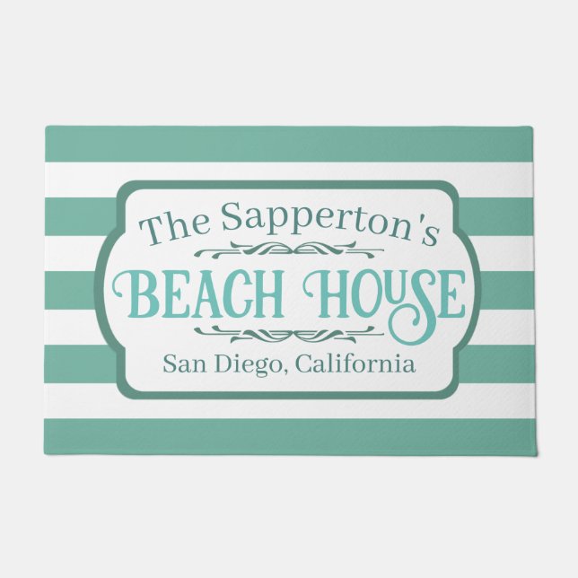 Individuelle Name Beach House Aquamarine Streifen Fußmatte (Vorderseite)