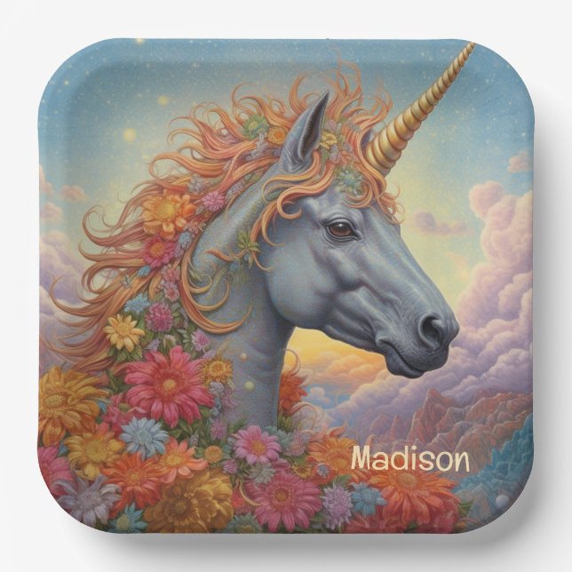 Individuelle Name Beautiful Unicorn Pappteller (Vorderseite)