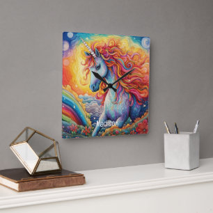 Individuelle Name Beautiful Unicorn Quadratische Wanduhr