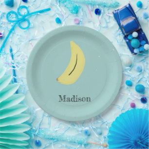 Individuelle Name bemalte Banane auf blau Pappteller
