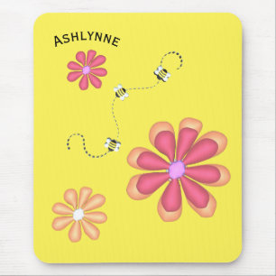 Individuelle Name Bienen und Blume auf Gelb Mousepad