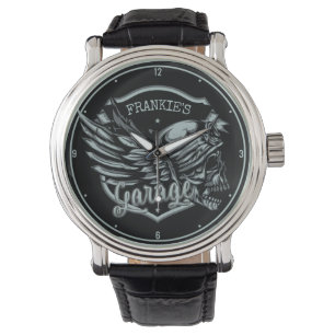 Individuelle Name Biker Skull Wings Motorradgarage Armbanduhr