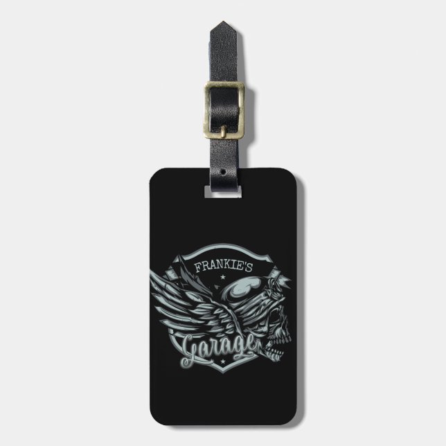 Individuelle Name Biker Skull Wings Motorradgarage Gepäckanhänger (Vorderseite vertikal)