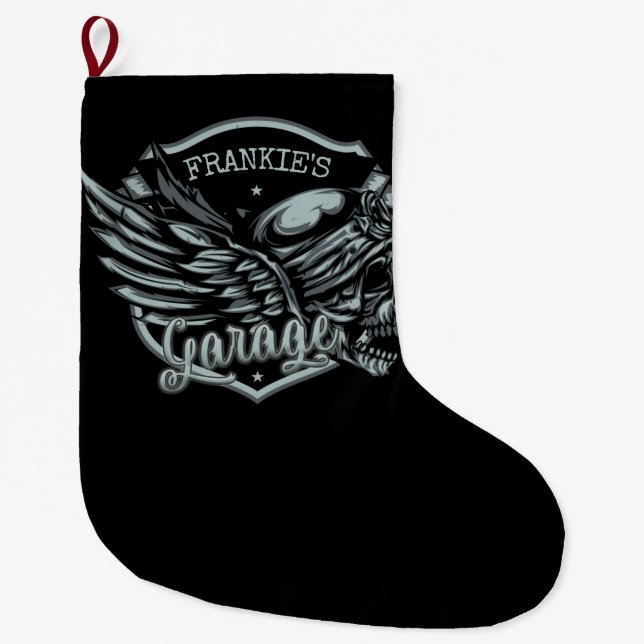 Individuelle Name Biker Skull Wings Motorradgarage Großer Weihnachtsstrumpf (Vorderseite)