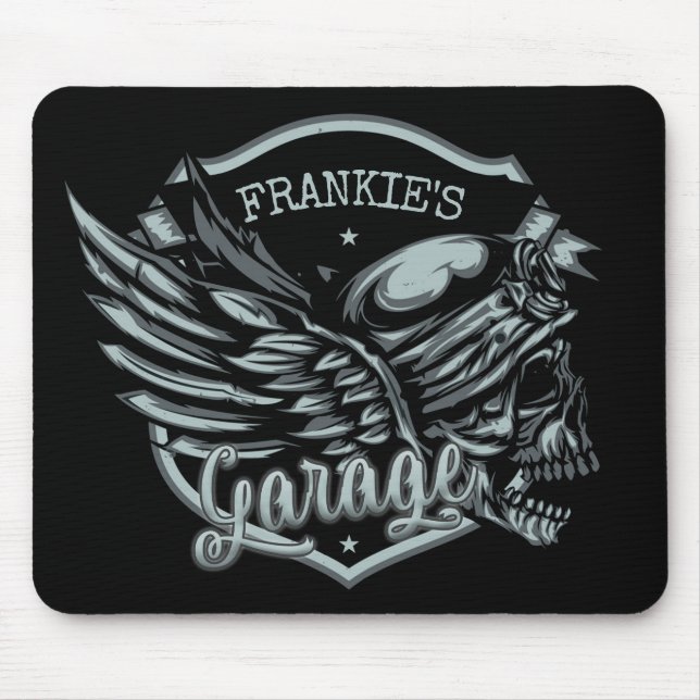 Individuelle Name Biker Skull Wings Motorradgarage Mousepad (Vorne)