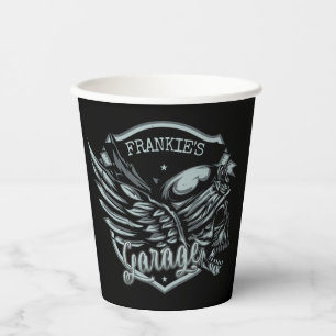 Individuelle Name Biker Skull Wings Motorradgarage Pappbecher