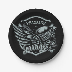 Individuelle Name Biker Skull Wings Motorradgarage Pappteller